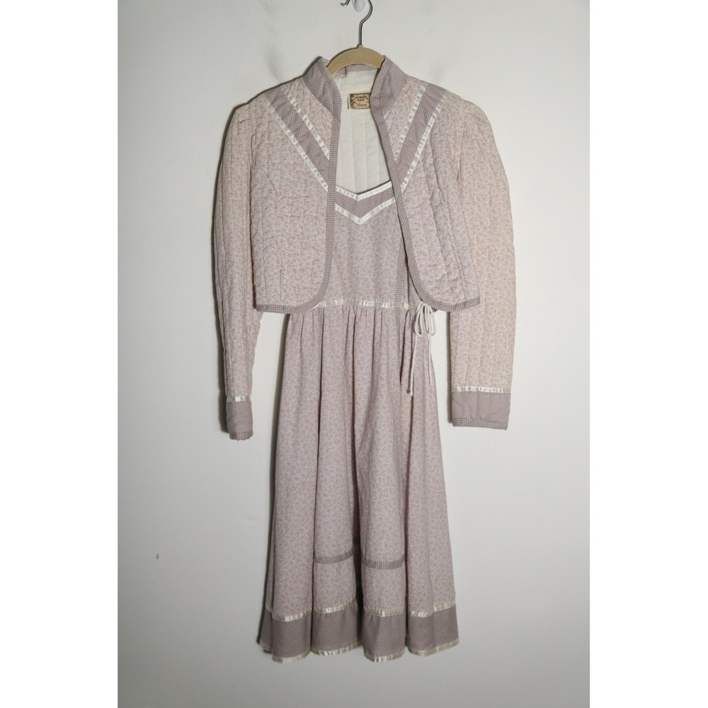Gunne Sax 70s Quilted Jacket Midi Skirt Set XS Prairie Cottage Pastel Floral